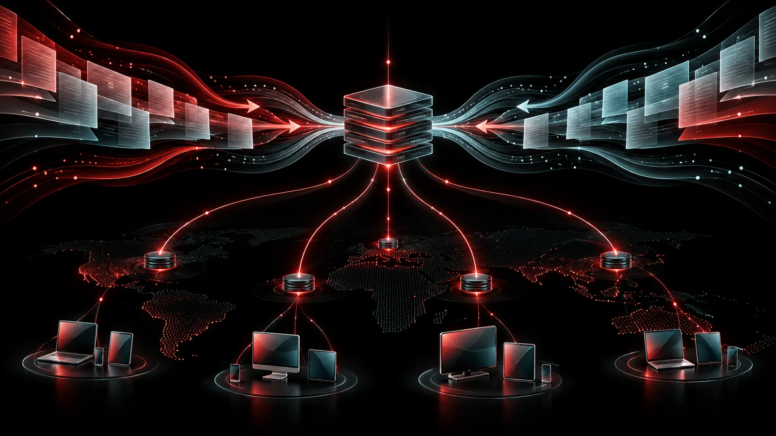 Multilingual content streams moving through shared global publishing infrastructure